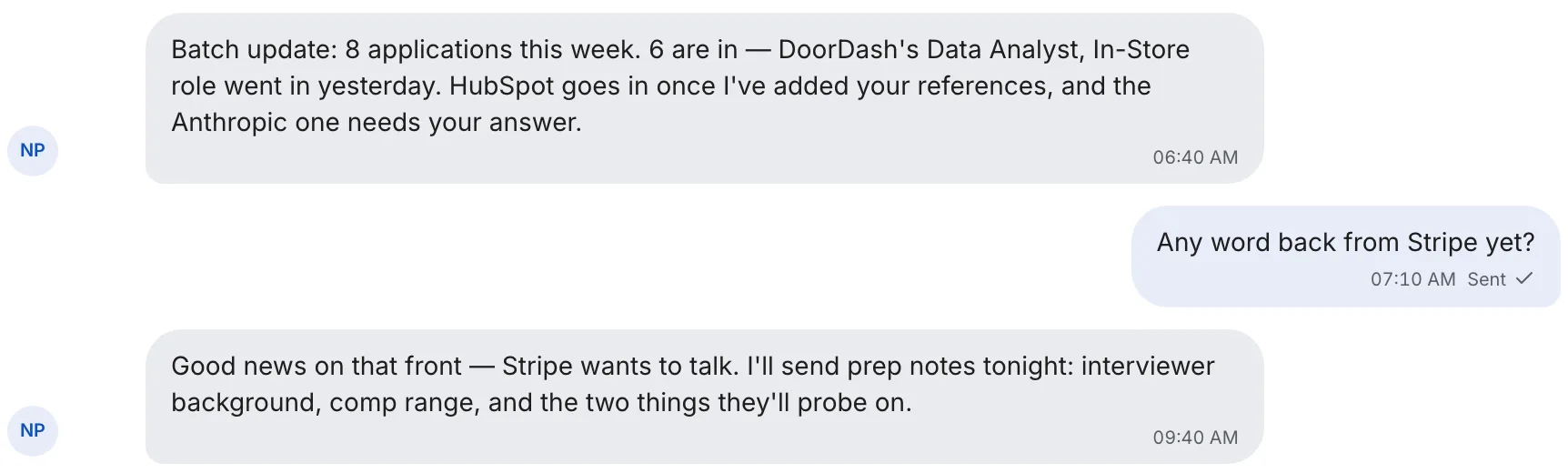 The dashboard's message thread: the recruiter posts a batch update, the seeker asks about Stripe, and the recruiter replies that Stripe wants to talk and prep notes are coming