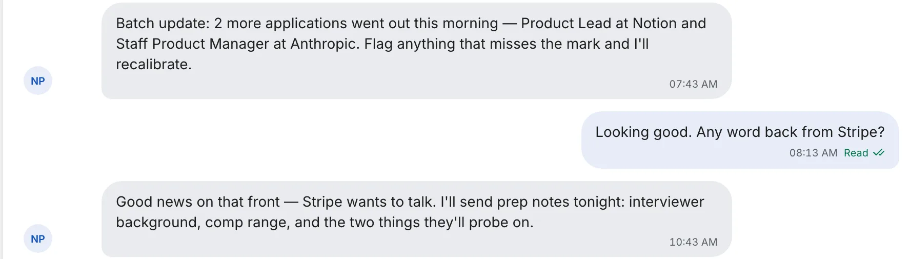 The dashboard's message thread: the recruiter posts a batch update, the seeker asks about Stripe, and the recruiter replies that Stripe wants to talk and prep notes are coming