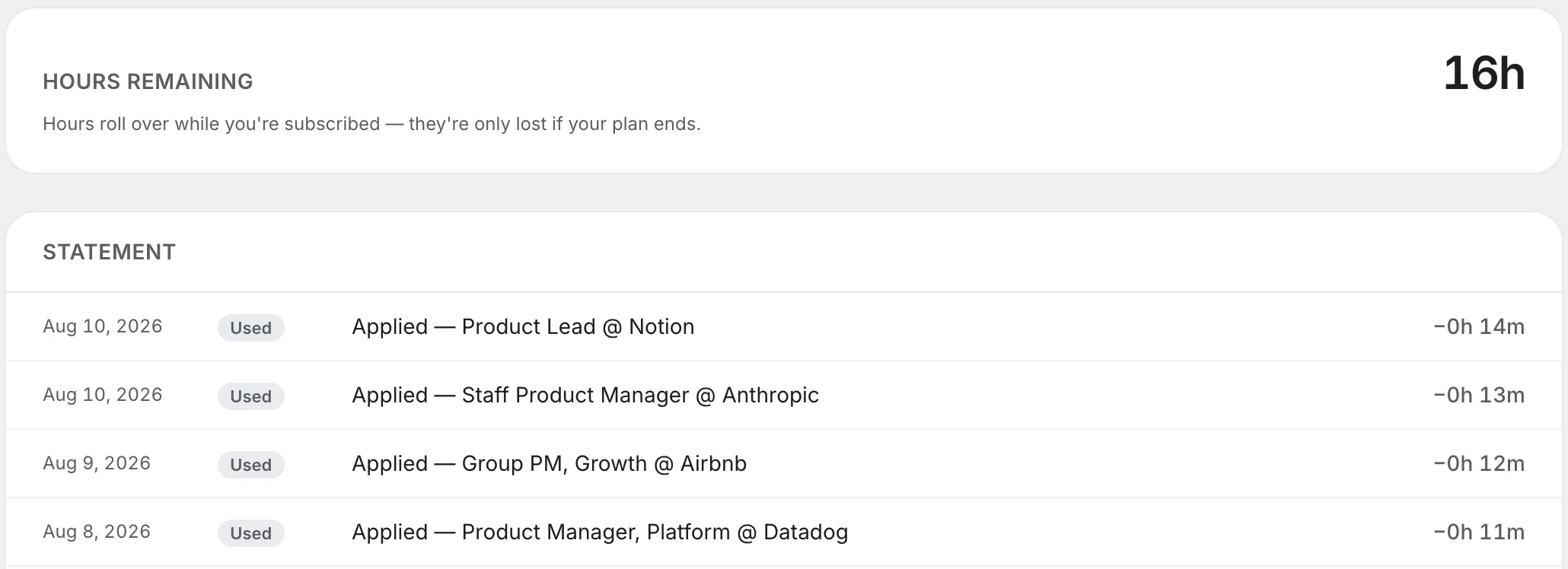 The dashboard's hours ledger: an hours-remaining card and a statement listing each application with the minutes it used