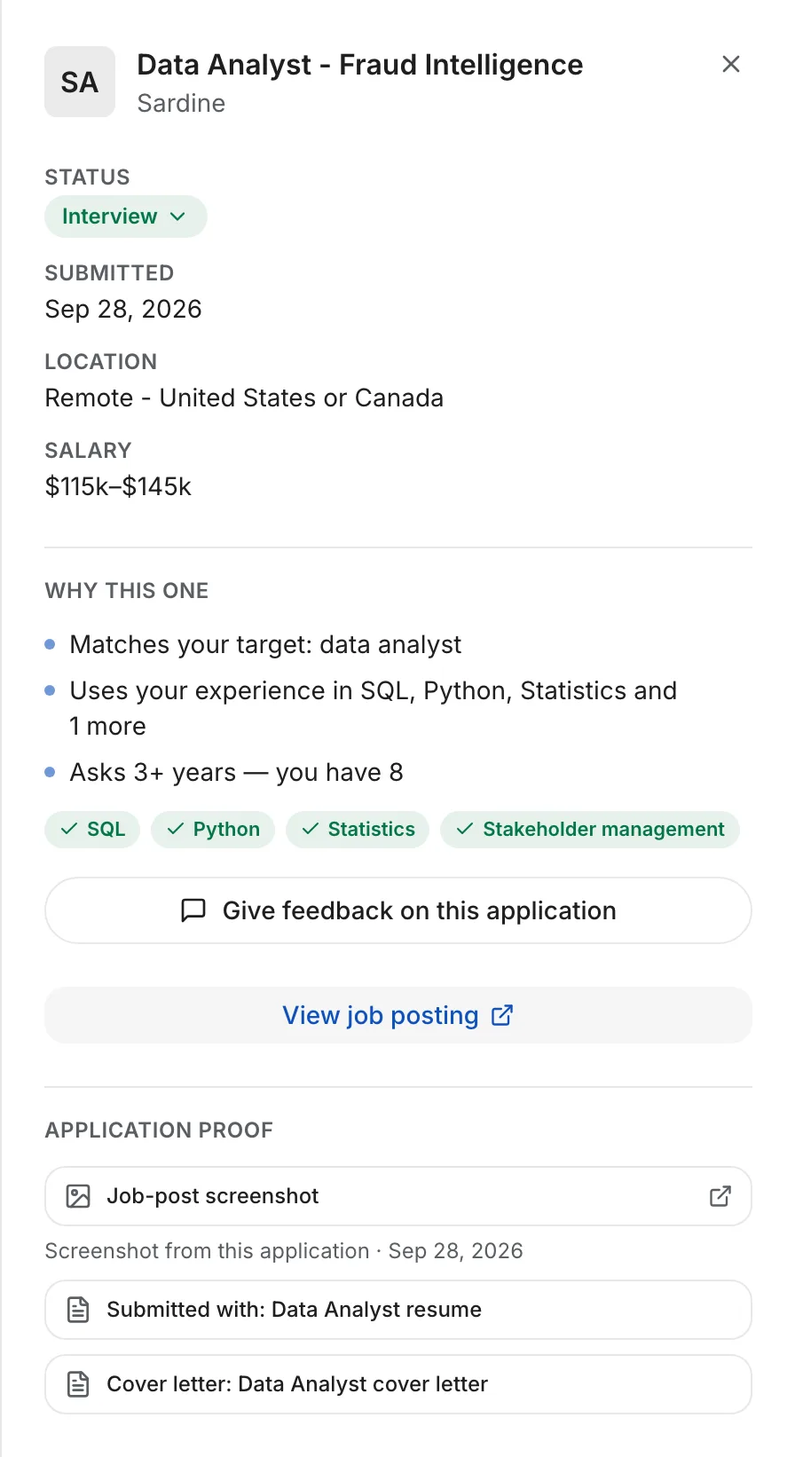 An application's detail drawer in the dashboard: Data Analyst - Fraud Intelligence at Sardine, Interview status, submitted Sep 28, 2026, location, salary, three reasons under "Why this one" with green skill chips, buttons to give feedback and view the job posting, and the application proof: the job-post screenshot, "Submitted with: Data Analyst resume" and "Cover letter: Data Analyst cover letter"